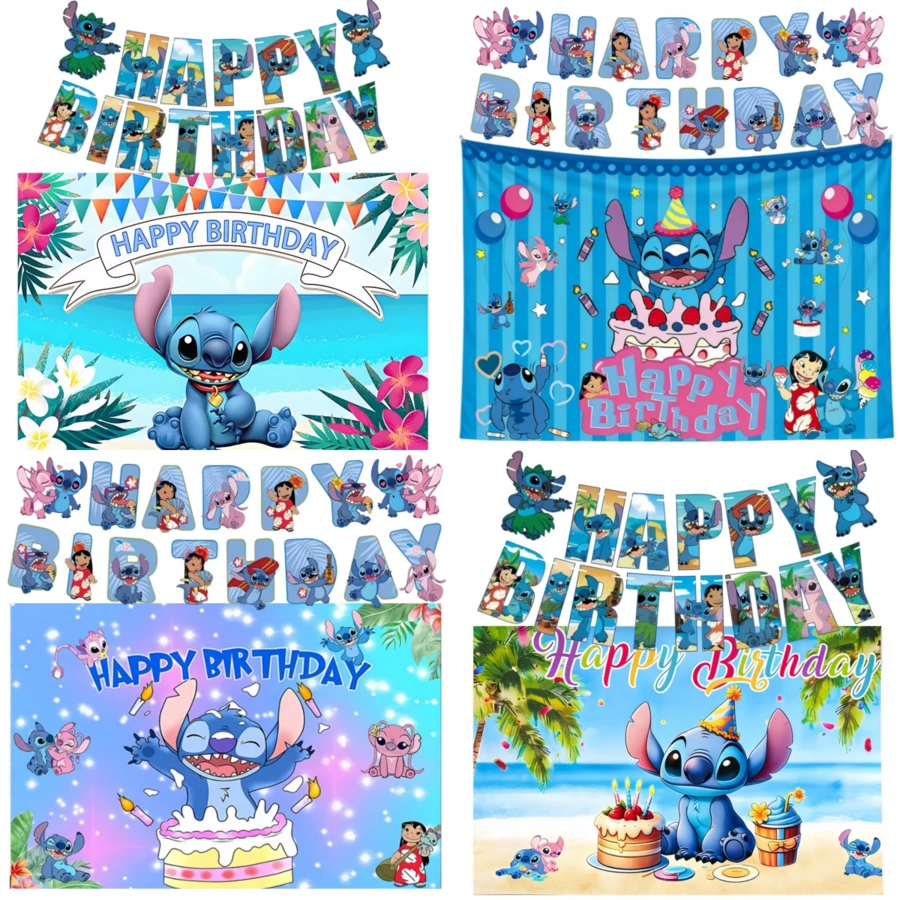 BUTTBILL Home Decor Decorative Hanging Ornaments 4-Theme Birthday Banner Backdrop Set Cake And Beach Stitch Happy Birthday Print Backdrop Birthday Atmosphere Decoration, Suitable For Family Birthday Party - Multicolor - View 1