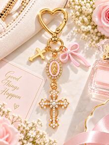 Religious Cross Keychain, Decorated With Religious Love And Crystal Cross, Bag Charm, Bag Amulet, Pearl And Diamond - Cross Keychain, Bag Accessory, Cross Pendant, Wallet, Backpack Accessory, Earphone Case Accessory - Multicolor - View 13