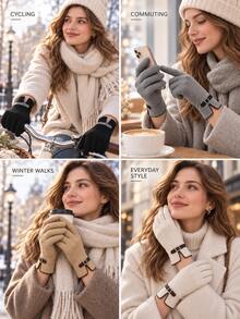 Women's Winter Warm Solid Color Gloves, Five-Finger Design With Decorative Buckle Strap, Soft Lining With Touchscreen Fingertips, Windproof Elastic Gloves, Suitable For Commuting, Driving, Walking, Traveling, Outdoor Activities, Christmas And Cold Weather - Multicolor - View 4