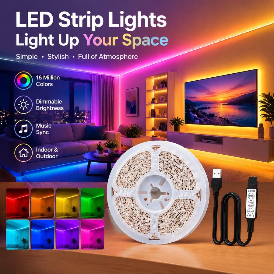 RGB LED Mood Light Strip, USB Plug And Play, 3-Key Control, Self-Adhesive & Cuttable, Multi-Color Dynamic Modes, Decor Light For TV, Cabinet, Gaming Setup, Wall Decor - 3Key RGB - View 1