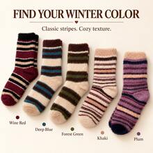 Women's Striped Fuzzy Mid-Calf Socks, Thick Soft Fleece Winter Socks, Suitable For Comfortable Daily And Home Wear - Multicolor - View 7