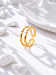 Cincin Terbuka Warna Emas Dua Lapis Garis Terbuka Minimalis Cincin Ganda Paralel Struktur Berongga Perhiasan Jari Serbaguna untuk Wanita, Cocok untuk Perjalanan Sehari-hari, Kencan, dan Pesta - Emas - View 3