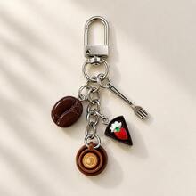 1pc/2pcs Unisex Resin Simulated Coffee Cup Strawberry Cake Coffee Bean Pendant Alloy Fork Accessory Keychain, Autumn/Winter Drink Bag Charm, Cute Wallet Accessory - Multicolor - View 1