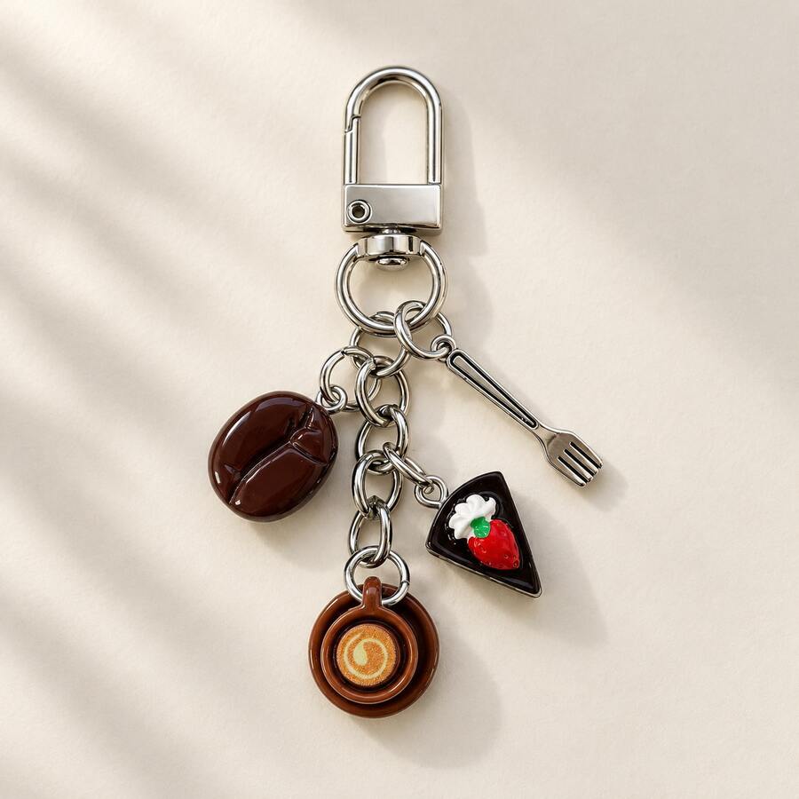 1pc/2pcs Unisex Resin Simulated Coffee Cup Strawberry Cake Coffee Bean Pendant Alloy Fork Accessory Keychain, Autumn/Winter Drink Bag Charm, Cute Wallet Accessory - Multicolor - View 1