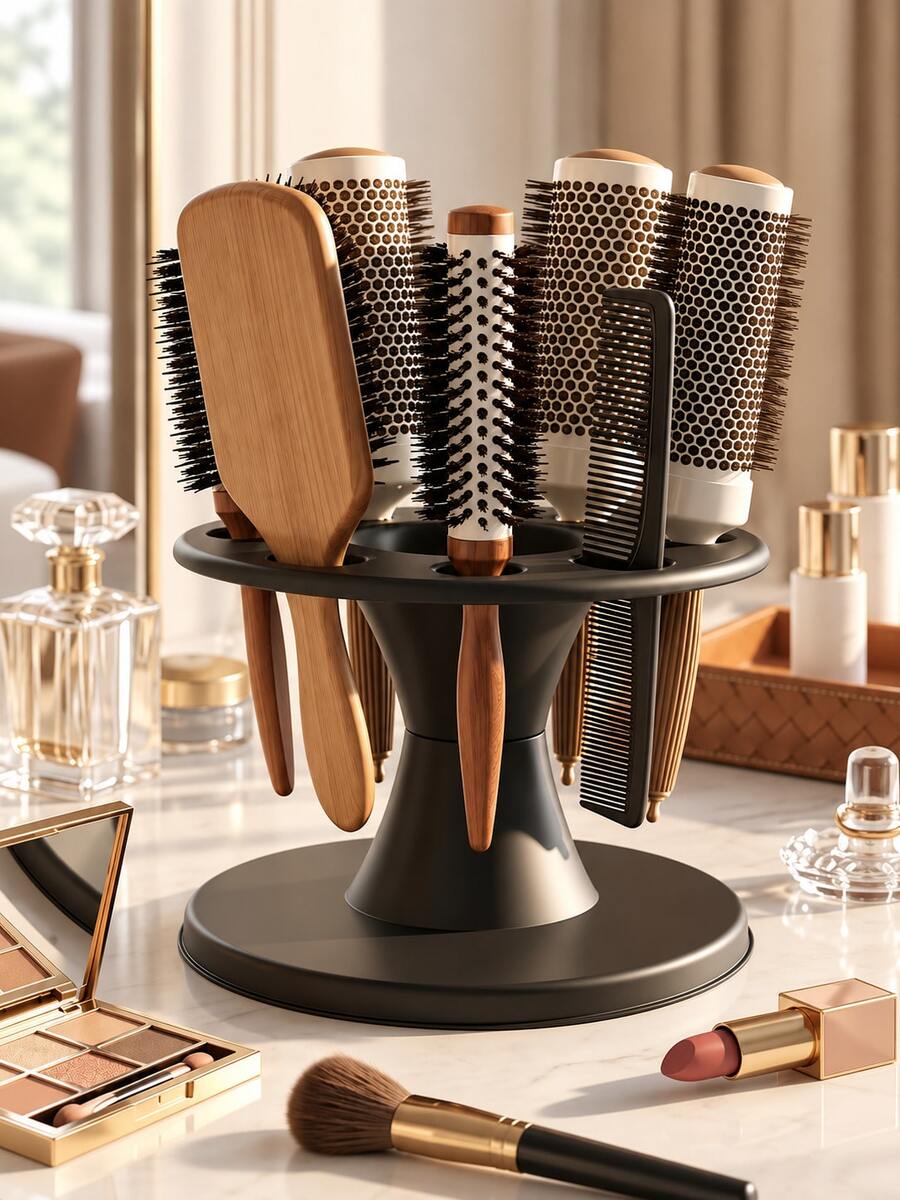 Hair Brush Holder, Round Hair Brush And Comb Storage Rack, Round Hair Brush Storage Rack, Professional Salon Curling And Dyeing Tool Display Rack, Black Comb Holder, Multi-Slot Scissors Holder, Desktop Bathroom Storage, Salon Hairdressing Station Vanity, Used For Hair Styling Accessories - Multicolor - View 1