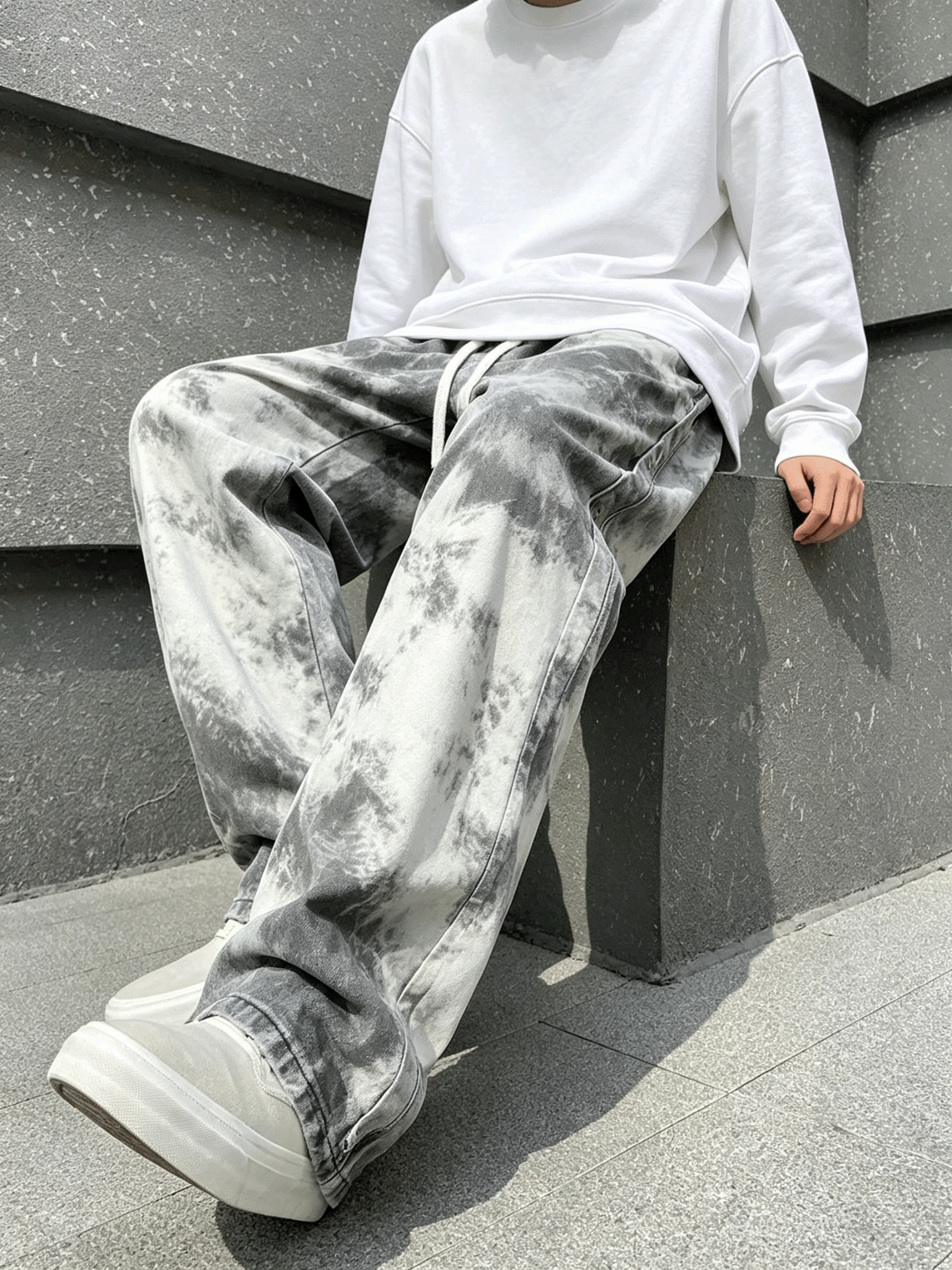 American Street Style Ink Wash Tie-Dye Print Casual Pants, Couple Style Gray Tone Gradient Cloud Pattern Drawstring High Waist Loose Draped Straight Leg Floor-Length Sweatpants - White - View 1
