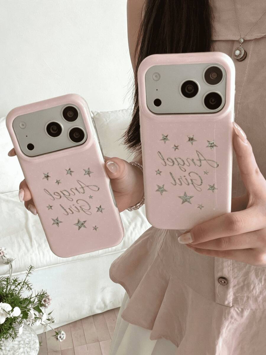 1件粉色天使女孩星星手機殼，少女感Ins風星星鑽石圖案手機殼，適用於Phone 18PROMAX/17PROMAX/13/14/15/16/17 Pro及Plus系列，手機配件，設計感時尚保護殼，耐用，適合科技愛好者、時尚達人，可愛，完美禮物