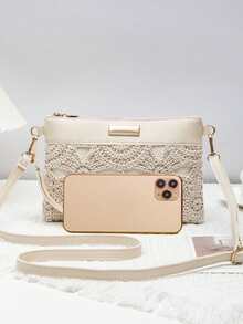 Women's Boho Crochet Floral Crossbody Bag, 2-In-1 Lightweight Faux Leather Clutch Purse With Wristlet, Zip Closure, Adjustable Strap For Summer Travel - Apricot - View 2