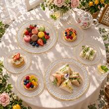 50/25/20/10pcs Dragon Scale Pattern Gold Rim Plates Set, 7.5 Inch/10.25 Inch Reusable Plates, Food Trays, Fruit And Snack Platters, Dessert And Salad Plates, Cheese And Candy Trays, Multi-Purpose Tableware For Party, Wedding, Birthday, Picnic, Holiday Events, Easy To Clean, Suitable For Home And Event Elegant Table Setting - View 8