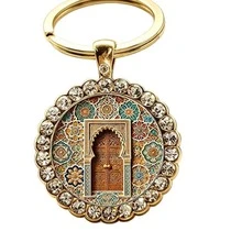 1pc Vintage Moroccan Door Design Rhinestone Key Ring, Gold Plated Round Keychain, Bohemian Style Bag Charm Accessory Gift For Ladies Teens - Gold - View 6