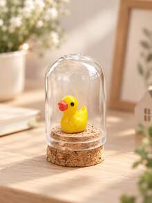 Yellow Duck Resin Figurine In Glass Dome, Miniature Duck Desktop Ornament With Cork Base, Home Office Tabletop Decor For Shelf And Desk - Yellow Duck - View 1