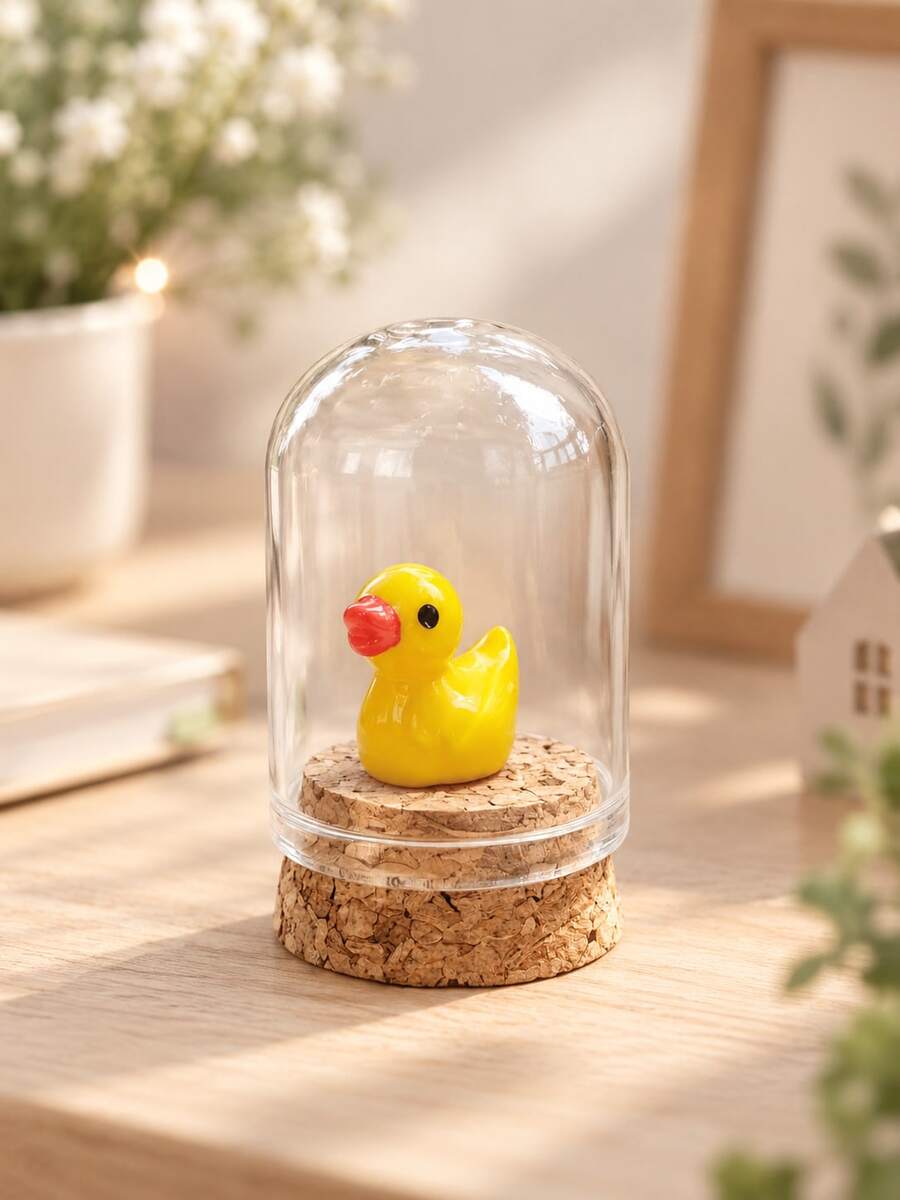 Yellow Duck Resin Figurine In Glass Dome, Miniature Duck Desktop Ornament With Cork Base, Home Office Tabletop Decor For Shelf And Desk - Yellow Duck - View 1