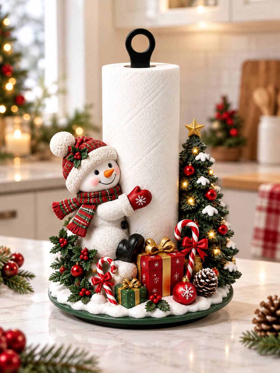 2D FLAT Christmas Decorative Kitchen Paper Towel Holder (No Power Light) - Desktop Tabletop Roll Holder (Combines Display And Storage Functions), Fun Christmas Tree And Snowman Design, Suitable For Kitchen, Bathroom, Living Room And Dining Room, Decorative Ornament To Create A Warm Christmas Atmosphere - Multicolor - View 1