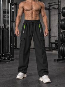 Men's Sports Cargo Pants, Loose Fit Wide Leg Drawstring Pants With Zipper Pockets, For Fitness And Outdoor - Black - View 3