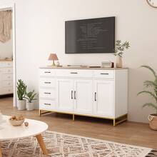 NHHF Credenza con telaio in metallo dorato e kit antiribaltamento, 6 cassetti, mobile a tre ante, 2 ripiani regolabili, per cucina, sala da pranzo, soggiorno, 140x40x80cm, bianco e oro - Bianco - Visualizzare 6