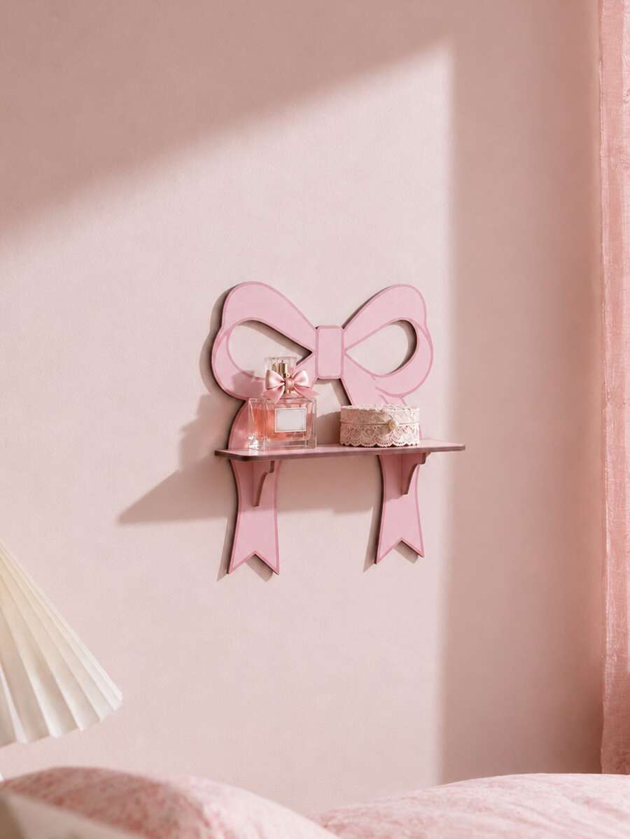 1pc Pink Bow Floating Wall-Mounted Display Shelf, Sweet Girl Style Wall Storage Rack, Girly Bow Outline Hanging Decorative Shelf, Soft Cute Bedroom Vanity Accessory Storage Rack, Adorable Bow Shaped Floating Wall Shelf, Vanity Fragrance Jewelry Display Rack, Macaron Sweet Style Wall Decor Shelf, Bathroom Cosmetic Small Wall Storage Rack, Bow Hanging Display Shelf, Atmospheric Home Decor Floating Wall Shelf, Girls Bedroom Decorative Bow Shaped Hanging Rack, Entryway Mini Decorative Wall Display Storage Rack