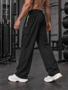 Men's Sports Cargo Pants, Loose Fit Wide Leg Drawstring Pants With Zipper Pockets, For Fitness And Outdoor - Black - View 2