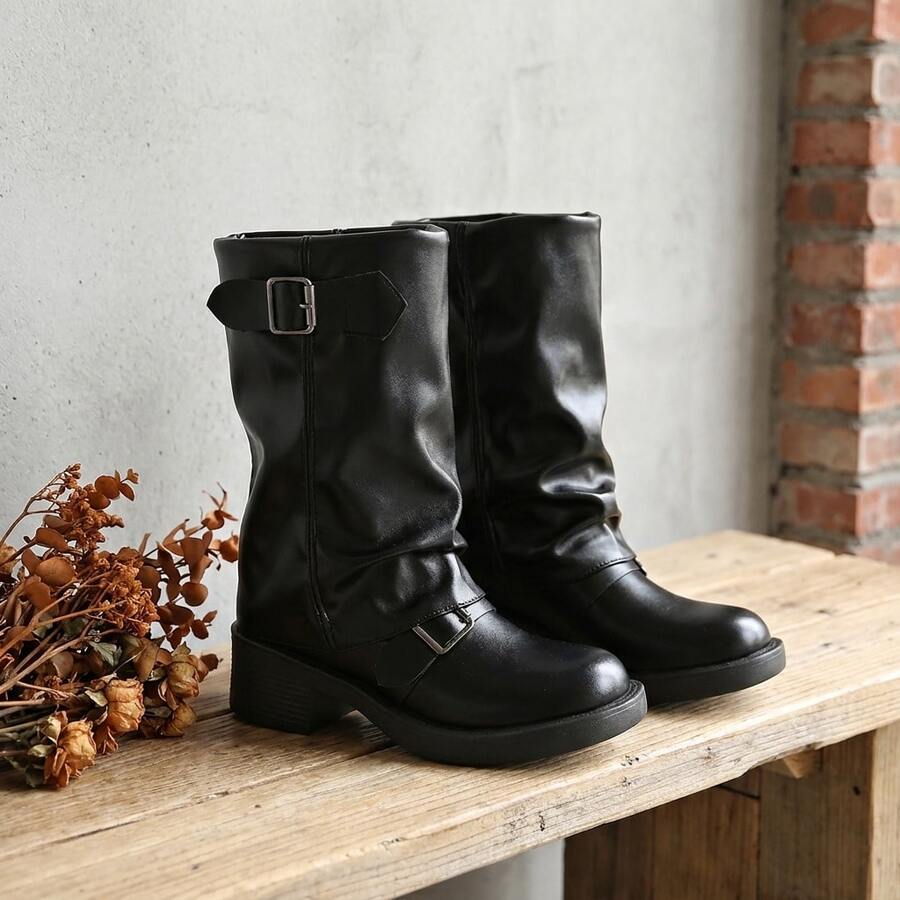 Women's Ruched Mid-Calf Boots, Double-Buckle Chunky Heel Platform Biker Boots, Plain Western Boots, All-Purpose Fall And Winter Street Boots,Dress