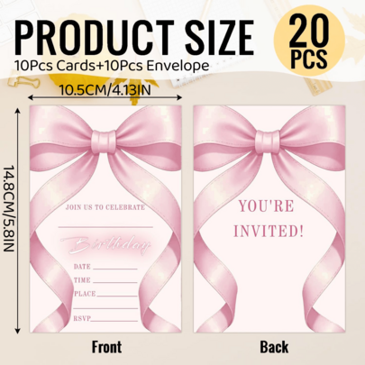 20 peças (10 cartões + 10 envelopes) de convites de aniversário com laço rosa, adequados para colegas de turma, amigos e família, artigos para festa de aniversário de adultos
