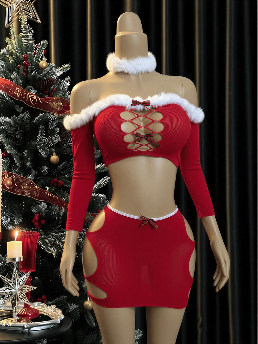 Bộ nội y Giáng Sinh nữ 2 món màu đỏ, áo crop trễ vai phối lông vũ và chân váy mini cut-out, trang phục tiệc lễ hội - Đỏ - Xem 1