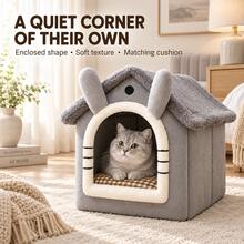 Cute House-Shaped Cat Bed With Matching Cushion, Indoor Plush Pet Cave Bed For Cats And Small Dogs, Brown Bear/Grey, S/M/L - Multicolor - View 11