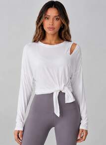 Never me Women's Outdoor Hollow Out Cold Shoulder Long Sleeve Breathable Quick-Dry Side Slit Loose Fit Sports Cover-Up - White - View 4