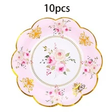 10入/60入/120入 7.28/9英吋花卉紙盤，6款金箔邊派對紙盤，粉色/藍色/黃色/白色花朵裝飾，適用婚禮、新娘派對、生日茶會，適合前菜、甜點、零食、大型聚會，男女通用 - 多色 - 查看 15
