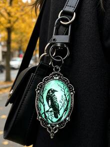 Halloween Gothic Glow-In-The-Dark Bat Keychain - Vintage Black Frame Oval Convex Design, Dark Aesthetic Glow-In-The-Dark Backpack Charm, Mysterious Atmosphere Party Accessory, Suitable For Gothic, Witchcraft And "Dark Academia" Party Looks - Multicolor - View 2