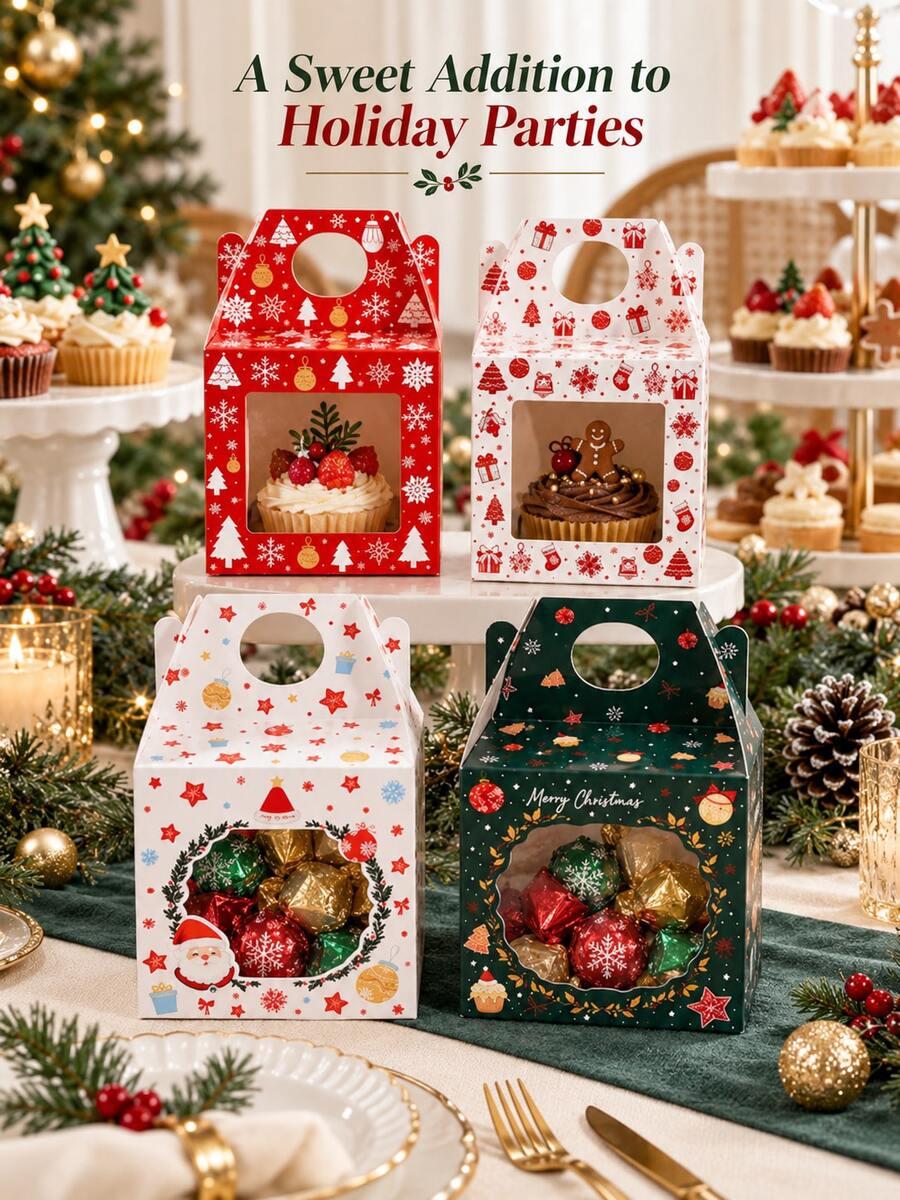 8 Reusable Christmas Snack Boxes With Clear Window And Handle, 4 Holiday Patterns, Suitable For Cupcakes And Candy Gift Packaging, Perfect For Holiday Parties, Dessert Tables And Seasonal Gifting - Multicolor - View 1