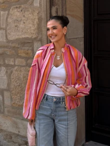 2026 Summer Fall Vacation Women's Colorful Striped Long Sleeve Regular Fit Stand Collar Polyester Coat With Zipper Detail For Spring Outfits - Red - View 7