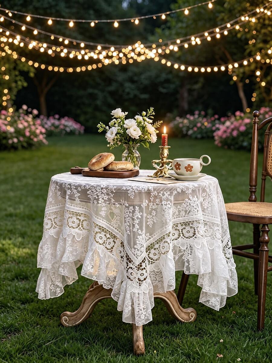 1pc Lace Embroidered Tablecloth, Scalloped Edge Decor, Polyester Fabric, Embroidered Floral Pattern Tablecloth, Rectangular Square Tablecloth, Suitable For Dining Room Living Room Tabletop Decoration - White - View 1