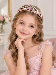 1PC Kids Pink Crown Rhinestone Hair Accessory, Simple Court-Style Princess Hairpiece For Weddings, Flower Girls, Birthday Parties, And Holiday Gifts - Multicolor - View 3