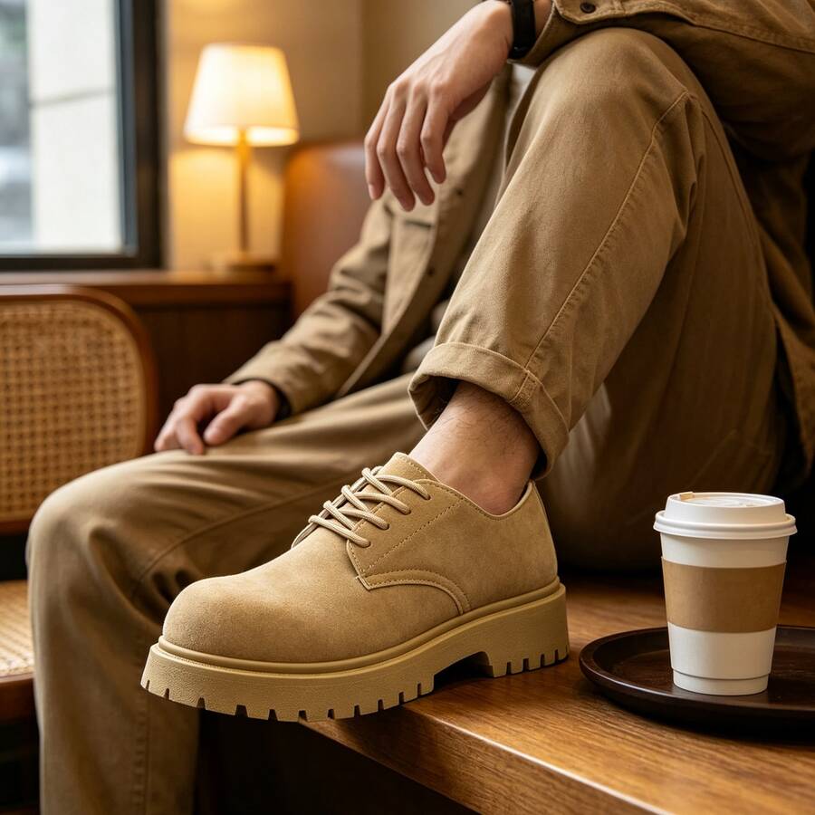 Solid Color Western Style Derby Big Toe Shoes, Retro Thick Sole Work Boots, Suede Low-Top Lace-Up Durable Boots, Casual Leather Shoes - Camel - View 1