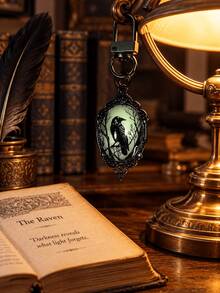 Halloween Gothic Glow-In-The-Dark Bat Keychain - Vintage Black Frame Oval Convex Design, Dark Aesthetic Glow-In-The-Dark Backpack Charm, Mysterious Atmosphere Party Accessory, Suitable For Gothic, Witchcraft And "Dark Academia" Party Looks - Multicolor - View 7