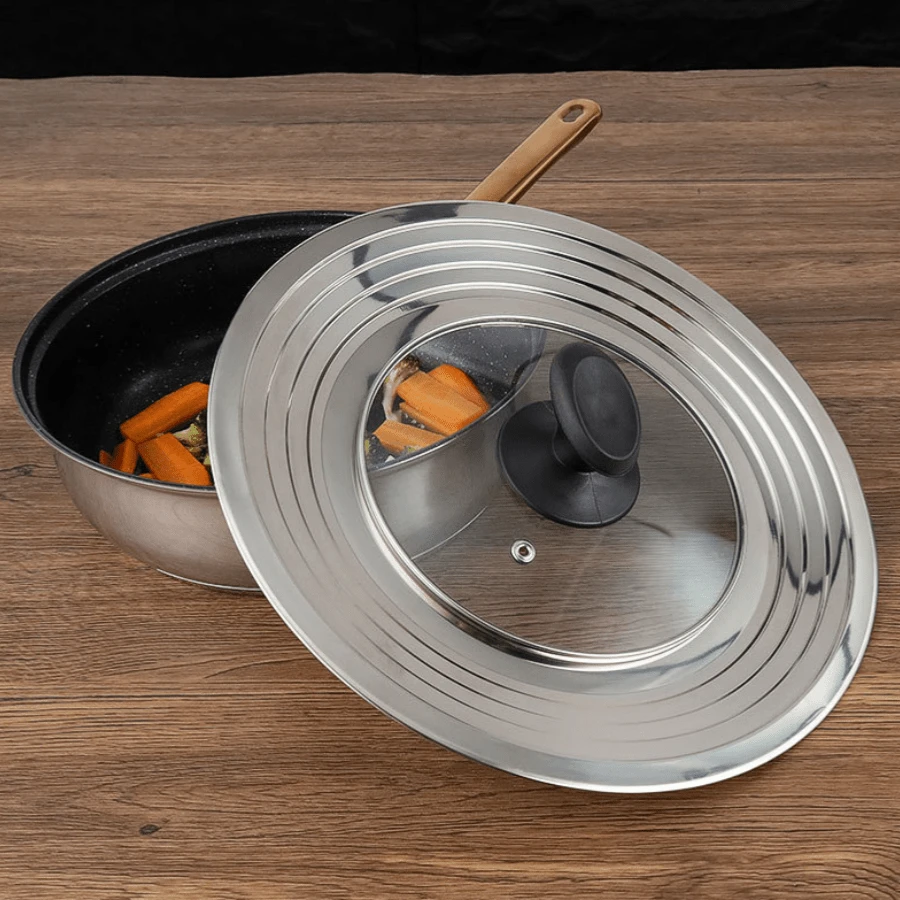 Stainless Steel Multi-Edge Glass Pot Lid, Restaurant Kitchen Multi-Edge Round Tempered Glass Pot Lid, Universal For Home Stir-Fry Shop Flat Bottom Pan And Wok