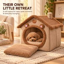 Cute House-Shaped Cat Bed With Matching Cushion, Indoor Plush Pet Cave Bed For Cats And Small Dogs, Brown Bear/Grey, S/M/L - Multicolor - View 9