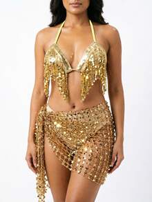 Coin Tassel Halter Top, Mesh Sequin Wrap Hip Scarf, Exotic Style Party Performance Outfit (Multiple Colors Available) - Multicolor - View 10