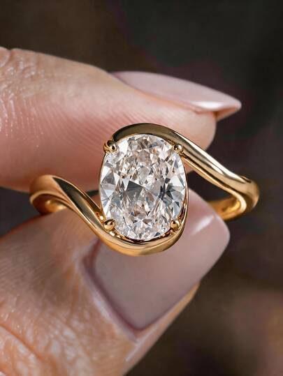 1 Peça Anel de Pedra Preciosa Branca com Corte Oval Banhado a Ouro 18K, Banda Torcida, Configuração de 4 Garras, Presente Elegante para Festa de Feriado para Mulheres