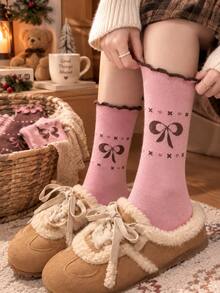 Sweet Ruffle Mid-Calf Socks For Women, Pink And Brown Bow Print, Plaid And Striped Design, Preppy Style, Vintage JK Style, Suitable For Autumn/Winter - Multicolor - View 3