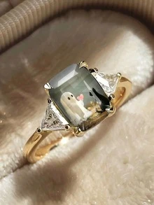 1pc Minimalist Cute Copper Ghost Cat Print Cartoon Ring, Suitable For Women's Daily Wear, Autumn/Winter, Dating, Party, Gift, Versatile - Gold - View 1