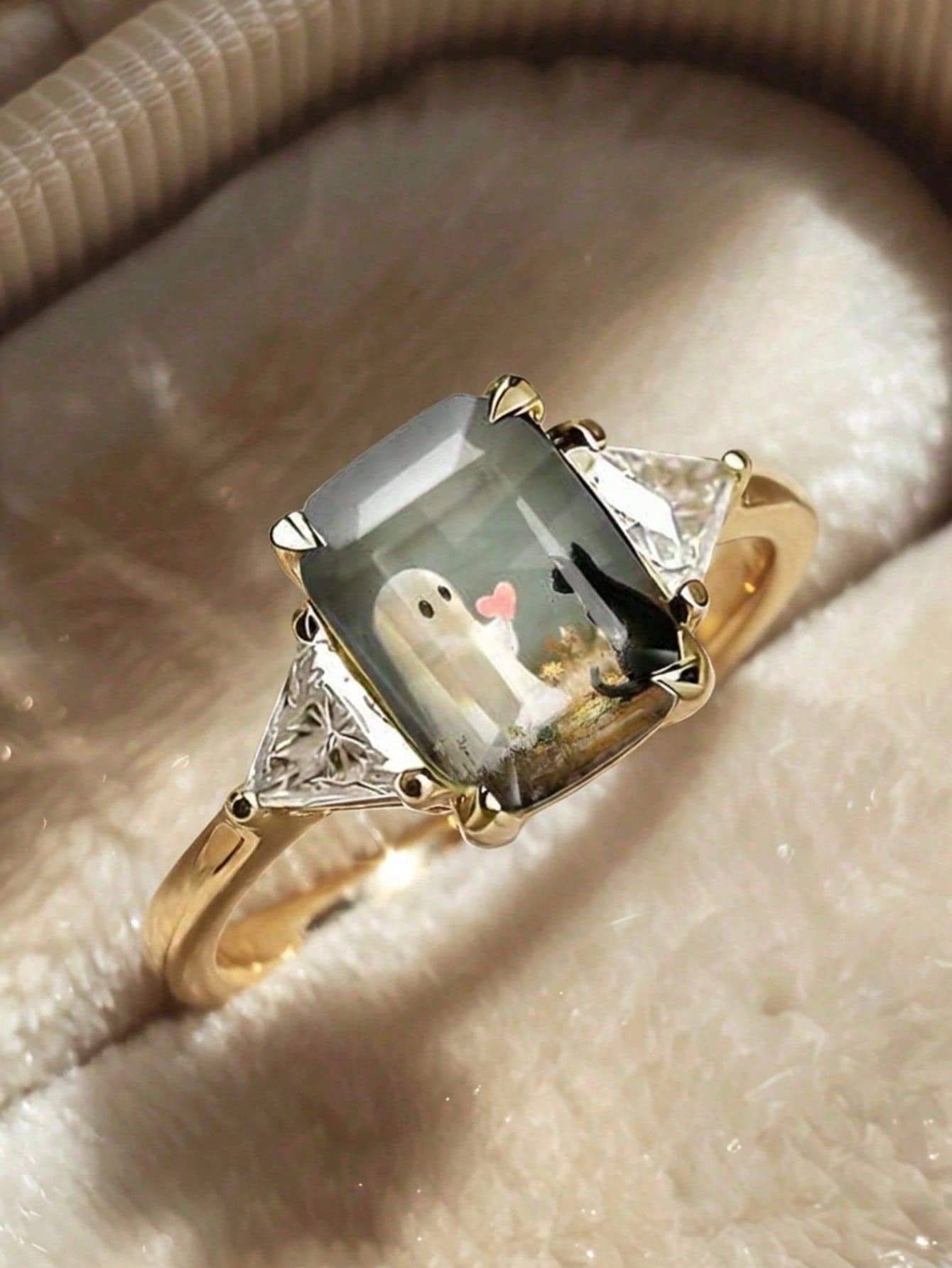 1pc Minimalist Cute Copper Ghost Cat Print Cartoon Ring, Suitable For Women's Daily Wear, Autumn/Winter, Dating, Party, Gift, Versatile - Gold - View 1
