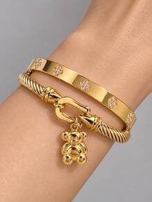Camhanno 1pc Gold Stainless Steel Bear Pendant Twisted Open Bangle Bracelet With CZ Flower Inlay, Women's Daily Jewelry - Gold - View 3