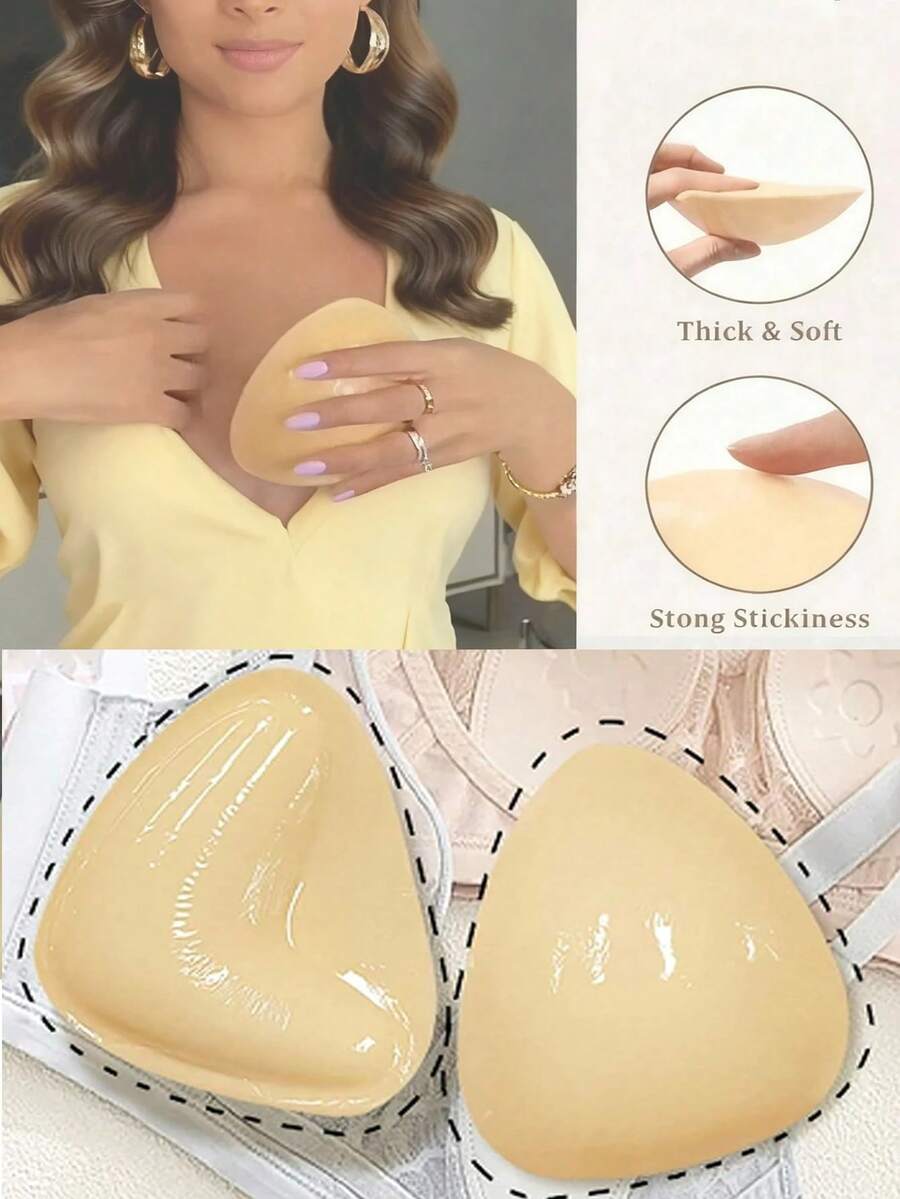 2pcs/Set Women's Double-Sided Adhesive Push-Up Breast Pads, Bikini Inserts For Regular Bras, Swimwear And Sports Bras - Khaki - View 1
