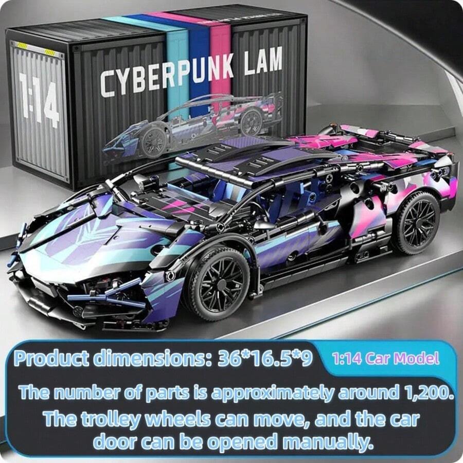 Multiple Supercar Building Blocks, 1200+ ABS Blocks, 1:14 Scale, 14 Inches, Assembled Length 200+ ABS Blocks, 1:14 Scale, 14 Inches, Adult Collectible Model Car Gift