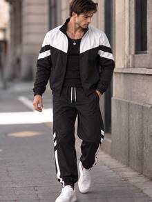 1 Set Men's Colorblock Woven Sports Outfit, Stand Collar Zip-Up Jacket, Jogging Pants, Casual Streetwear - Black - View 1