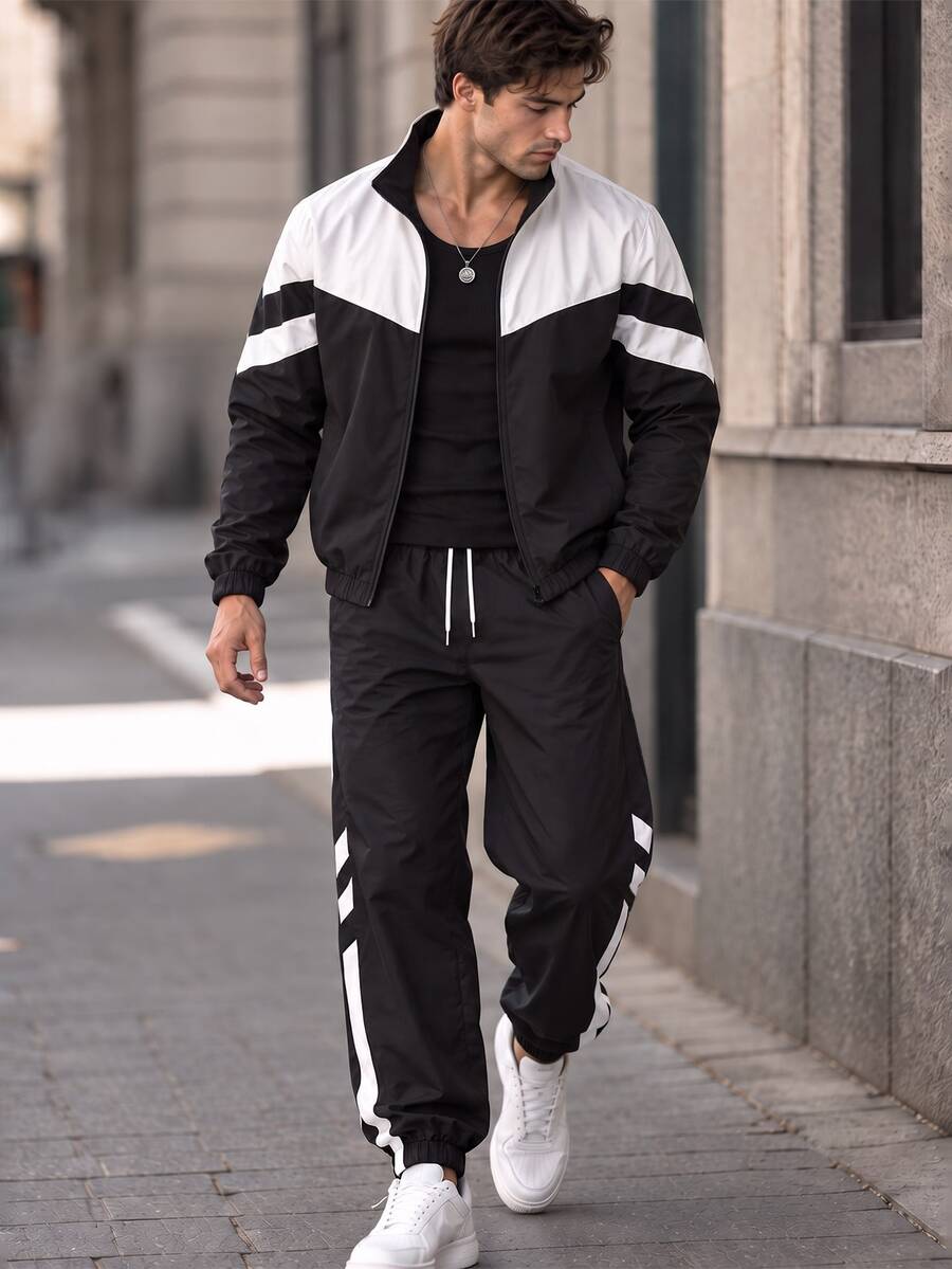 1 Set Men's Colorblock Woven Sports Outfit, Stand Collar Zip-Up Jacket, Jogging Pants, Casual Streetwear - Black - View 1
