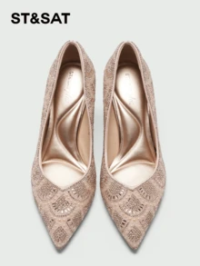 ST&SAT Women's Rhinestone Bow Decor Solid Color Pointed Toe Slip-On Low Chunky Heel Flat Shoes, Vintage Y2K Sweet Style, Date Commute Daily, Autumn Black PU Comfortable High Heels - Champagne Gold - View 2