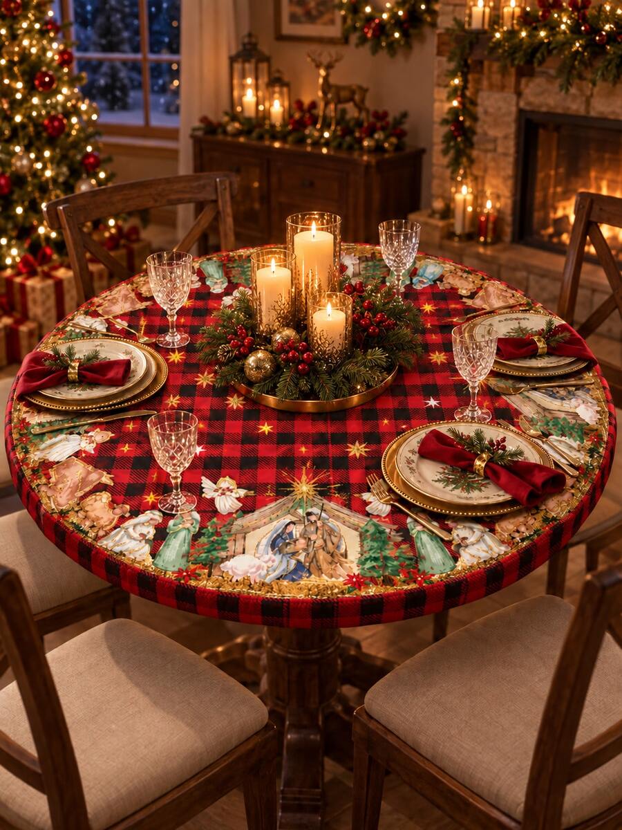 2pcs Red Buffalo Plaid Nativity Elastic Tablecloth Set, Vintage Christmas Stretch Polyester Round & Square Fitted Table Covers With Snug Edge, Wrinkle-Resistant Decor For Holiday Dining, Party, Kitchen & Winter Home - Multicolor - View 1