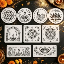 Bộ 9 khuôn stencil Mandala bằng nhựa tái sử dụng, mẫu tròn và vuông cho vẽ Rangoli Diwali, họa tiết gà trống, hoa sen và paisley, dùng cho đồ thủ công DIY, trang trí tường và vẽ tranh lễ hội cho dự án tại nhà - 9 mẫu thiết kế lễ hội ánh sáng - Xem 11