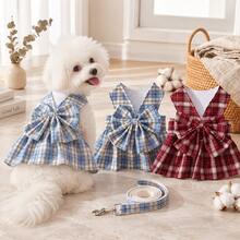 1pc Plaid Dog Dress Harness & Leash Set, Cute Bow Princess Style Pet Dress, Adjustable Breathable Harness, Suitable For Puppies, Small Dogs And Cats, Pet Walking Set - Multicolor - View 1